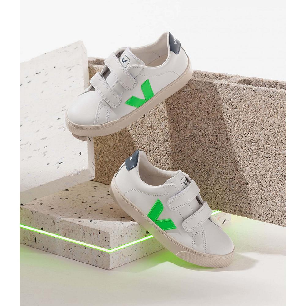 Kids' Veja ESPLAR LEATHER Sneakers White/Green | SG 816EBC